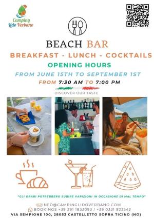 Beach bar estivo: colazioni, pranzi e cocktail, aperto dal 15 giugno al 1 settembre.