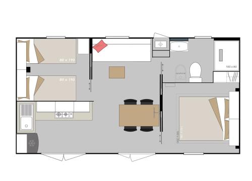 Pianta accogliente con cucina, due camere e bagno; spazi ben organizzati e funzionali.