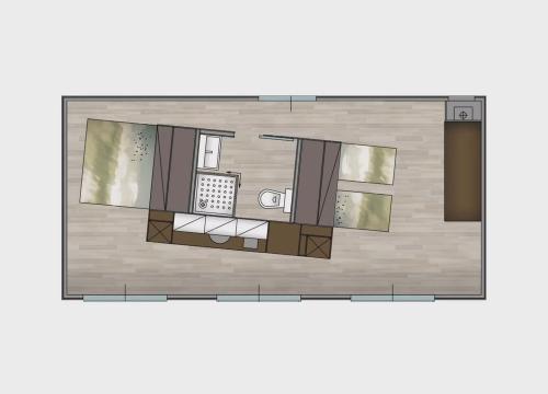 Pianta di una casa moderna, minimalista con bagno centrale e ampie finestre.