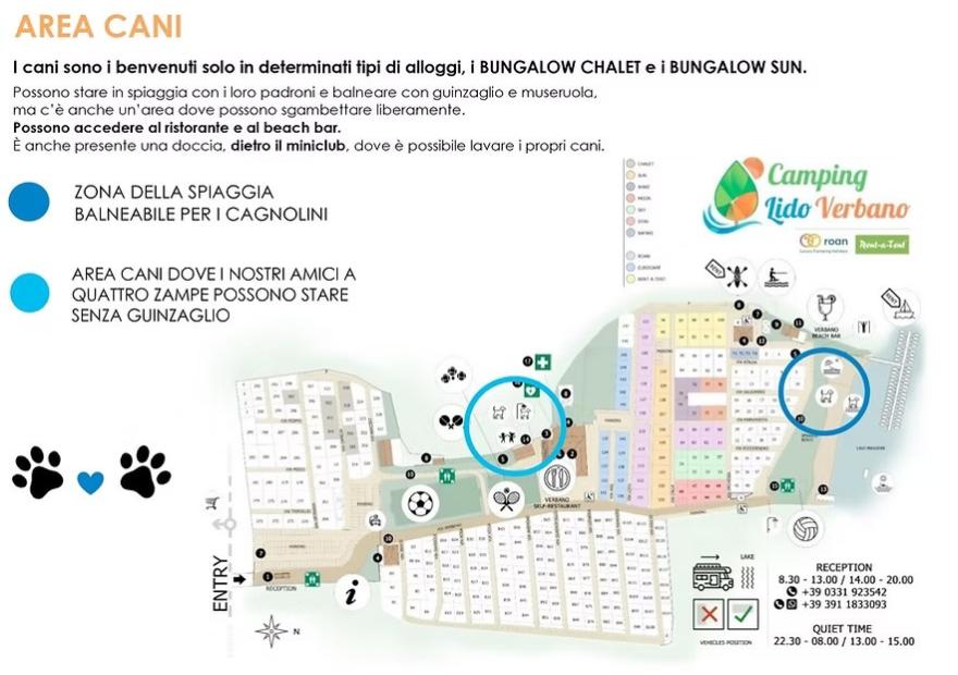 Mappa camping: aree per cani, spiaggia e servizi per un soggiorno rilassante e divertente.
